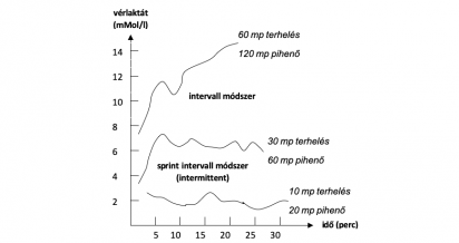 Hagyományos- és sprint Iitervall módszerekkel végzett sorozatterhelések savasodási mutatói (Astrand és mtsai., 1960)